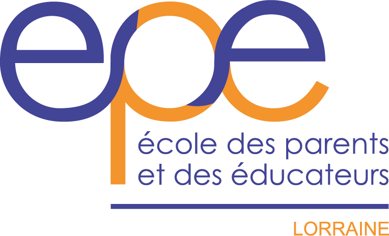 Logo de l'École des Parents et des Éducateurs (EPE) avec les mots 'école des parents et des éducateurs' en dessous, dans les couleurs violet et orange, et le mot 'LORRAINE' en bas à droite.