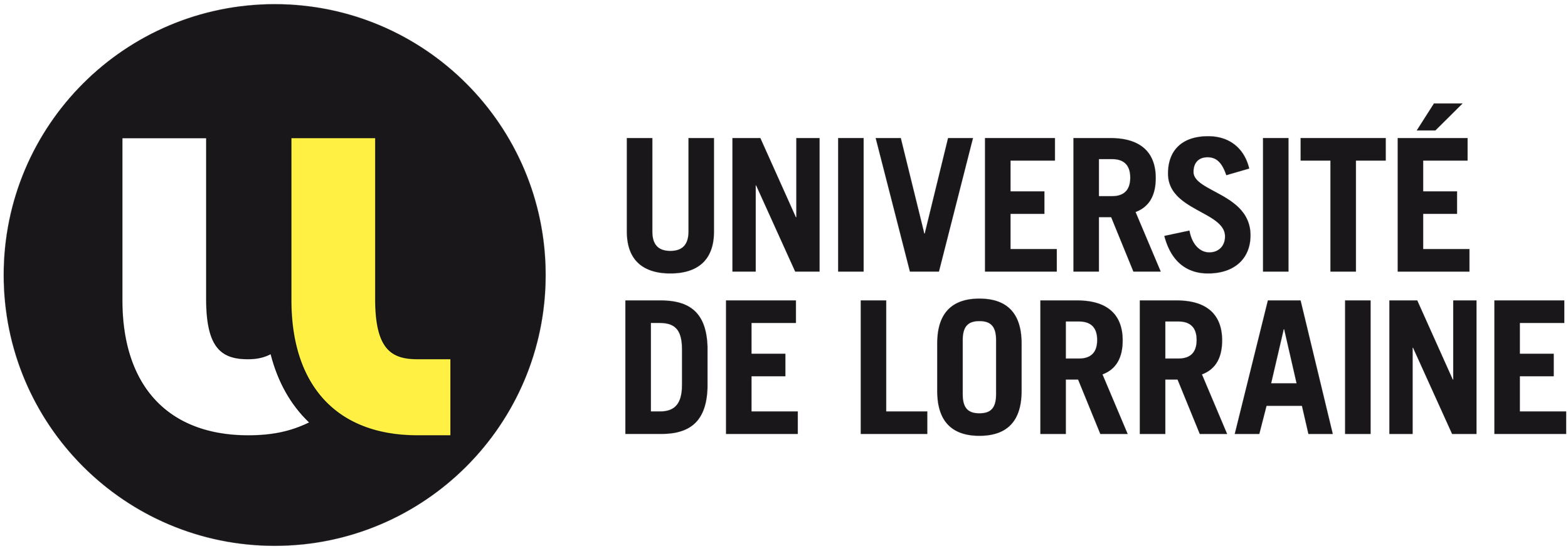 Logo de l'Université de Lorraine avec un cercle noir, des lettres stylisées blanches et jaunes, et le nom de l'université en français.