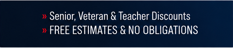 Text advertisement offering senior, veteran, and teacher discounts with free estimates and no obligations.