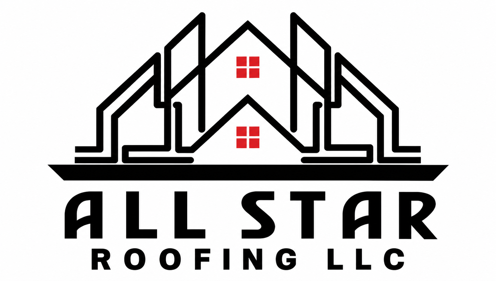 Logo for All Star Roofing LLC featuring stylized black outlines of multiple houses with red windows and bold black text.