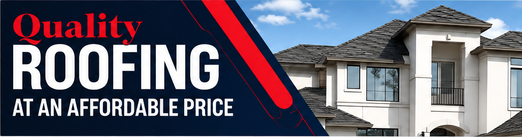 Banner advertisement for roofing services featuring a house with a dark shingled roof and a partly cloudy sky.