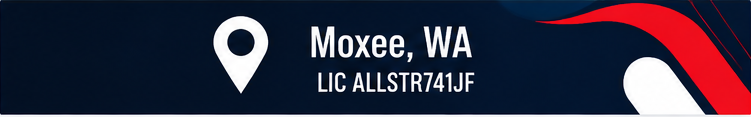 Graphic with location icon and text reading "Moxee, WA LIC ALLSTR741JF" on a dark background.