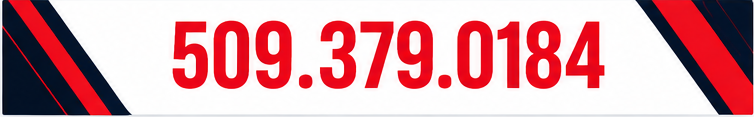 Close-up of a red and black banner with the phone number 509.379.0184 in large red text
