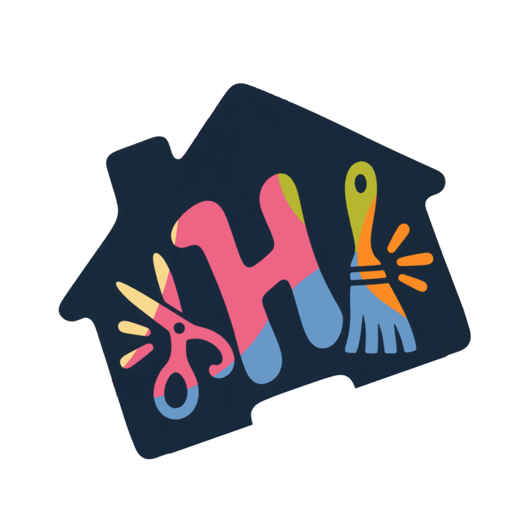 Colorful abstract paper collage with navy, pink, yellow, orange, and blue shapes.