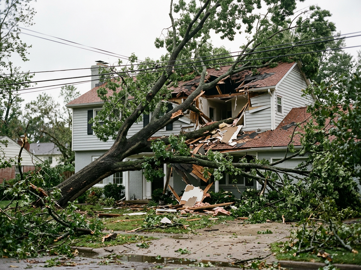 A large tree has fallen onto a house, damaging the roof and exterior walls. Debris, including branches and broken roofing material, covers the driveway and yard.
