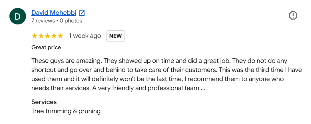 Customer review for a tree trimming and pruning service, mentioning punctuality, professionalism, and satisfaction with the service.