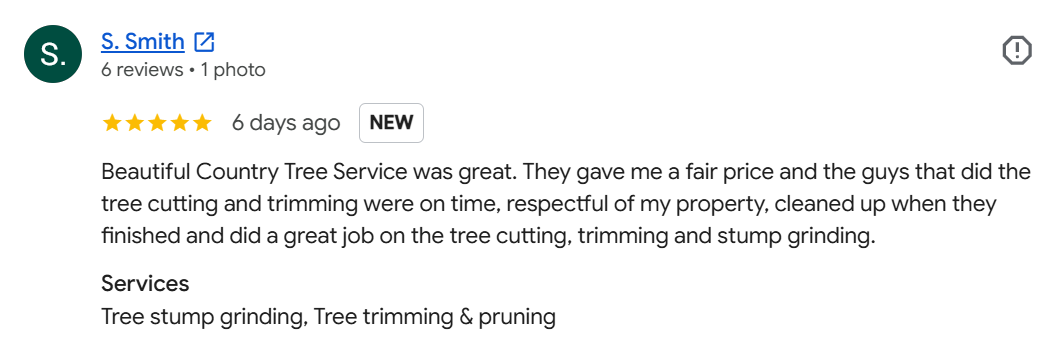 Screenshot of a Google review for a tree service company, expressing satisfaction with the service provided.