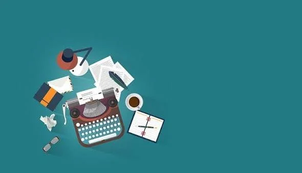 Top-down view of a cluttered desk with a typewriter, coffee cup, notebook, sheet of paper, spilled pen, small speaker, and desk lamp on a teal background.