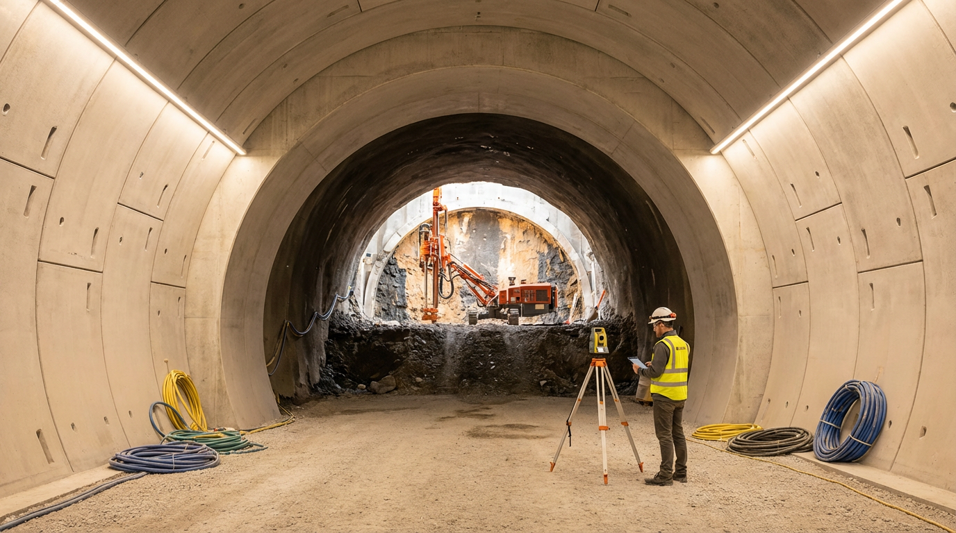 Parsell Surveying Company Construction worker in safety vest and helmet checking equipment inside tunnel under construction.