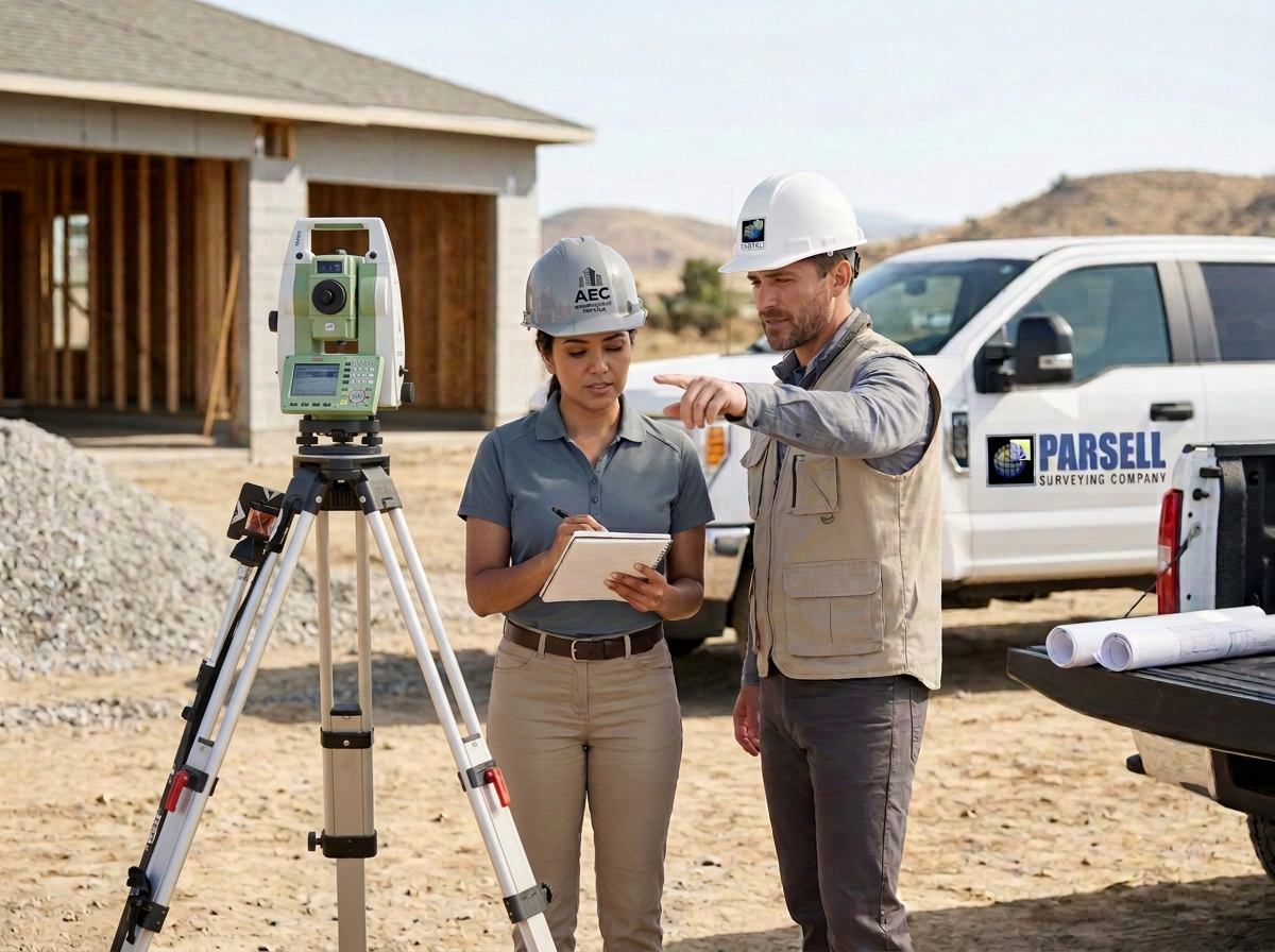 Parsell Surveying Company ~ Two surveyors wearing helmets discussing at a construction site with surveying equipment, a pickup truck labeled 'Parsell Surveying Company' in the background, and a partially built building.