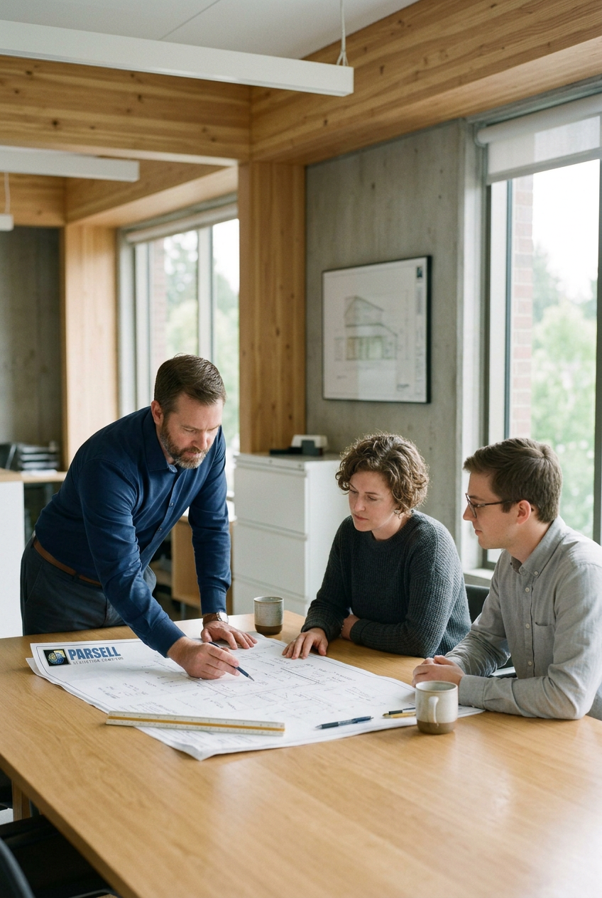 Parsell Surveying Company Client meeting Three people in a modern office, looking at architectural blueprints on a table, with one man standing and pointing at the plans while two others sit and observe.