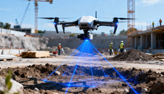 Parsell Surveying Company Drone with laser scanning technology at a construction site, with construction workers and cranes in the background.