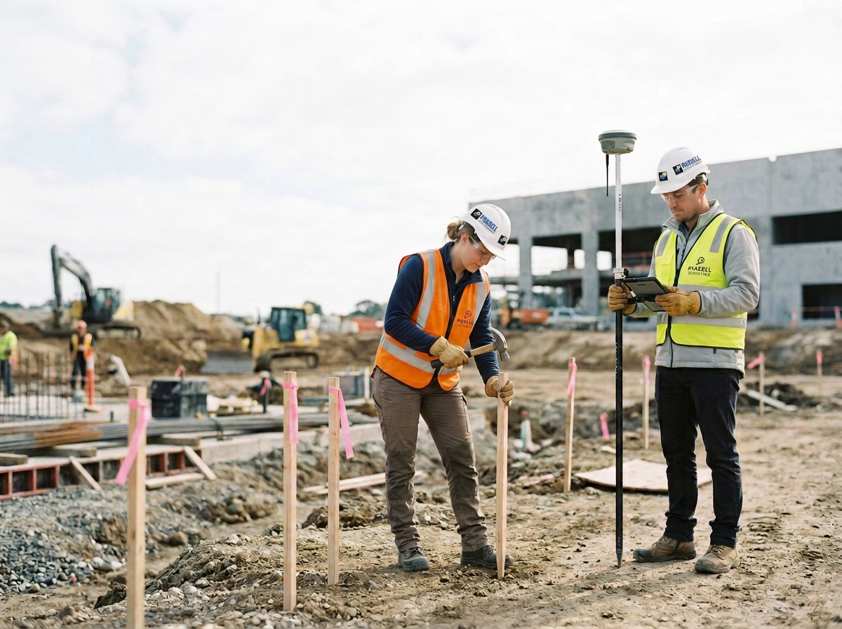 Parsell Surveying Company Construction workers at a site, one operating a measuring device and the other digging with a shovel, with building materials and machinery in the background.