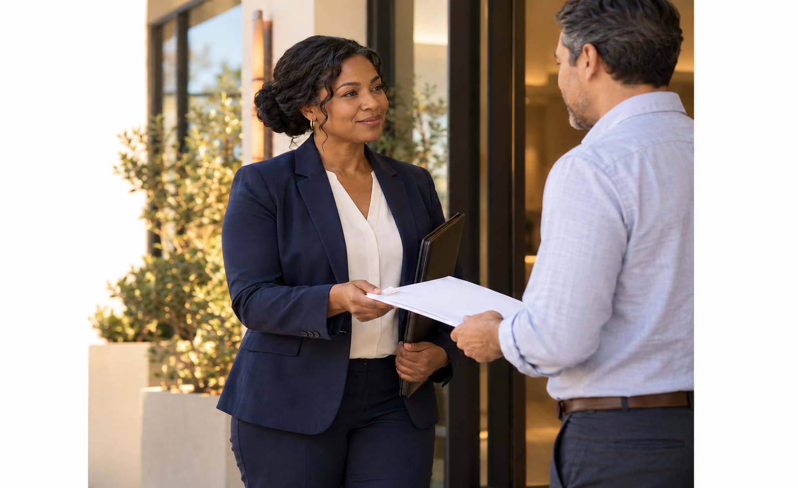 A woman in a navy blue business suit holding a folder and papers, talking to a man in a light-colored shirt outside a building.