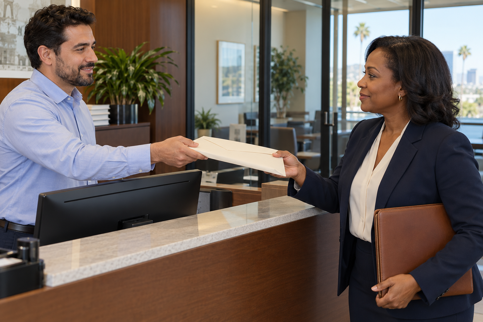 A man is handing a white envelope to a woman at a reception desk in an office building.