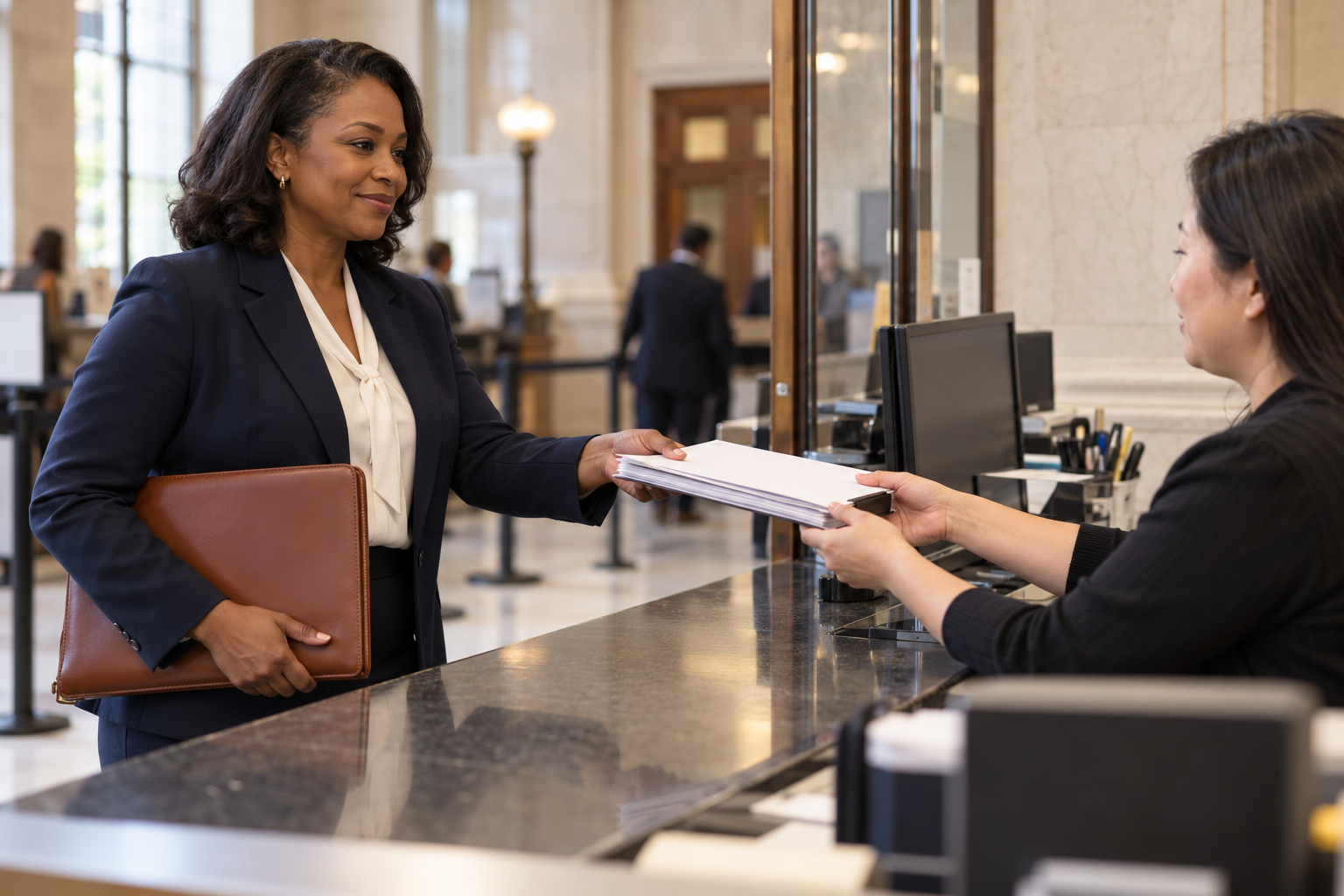 A woman in a dark suit at a hotel reception desk handing a stack of papers to a receptionist.