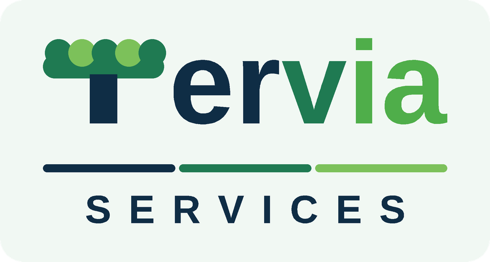 Logo for Tervia Services with a stylized tree icon and text in green and blue
