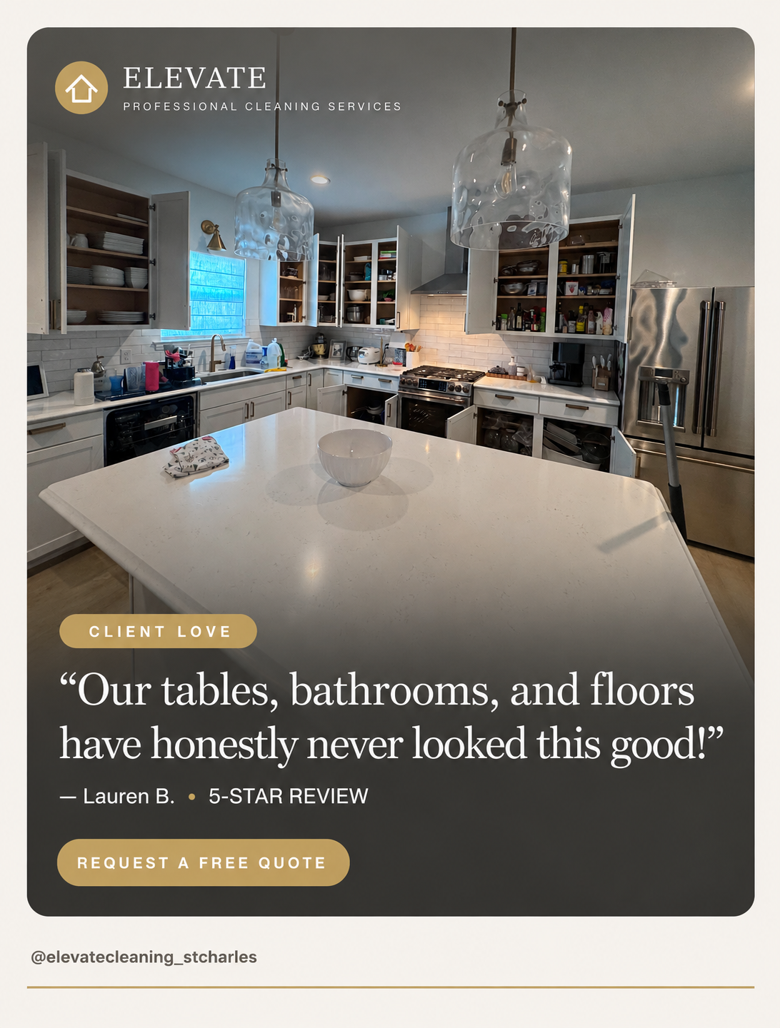 Clean and modern kitchen with open cabinets, kitchen island, stainless steel refrigerator, and various kitchen appliances, accented by two glass pendant lights.