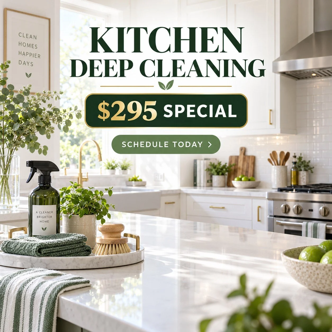Ready for a cleaner kitchen? This is your sign. ✨

Book our Kitchen Deep Cleaning Special for only $295 and begin the new week with a kitchen that feels refreshed, polished, and inviting.

Limited appointments are available&mdash;schedule yours today
