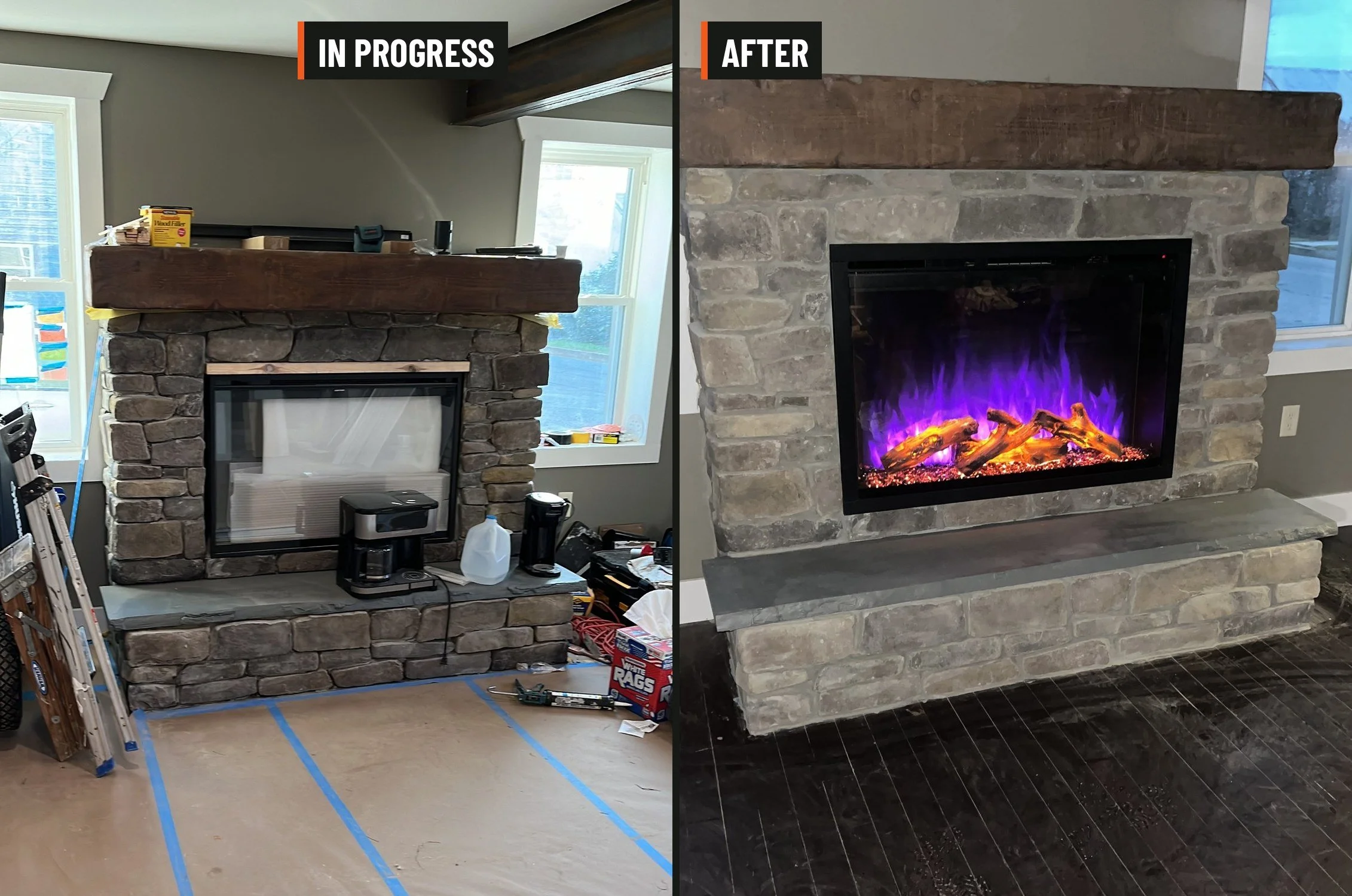 Side-by-side images showing fireplace renovation. The left image labeled 'In Progress' shows a rustic stone fireplace with a wooden mantel that is under construction, with tools and supplies around. The right image labeled 'After' displays the completed fireplace with a sleek, modern look, featuring a stone surround and a black framed electric fireplace with purple flames.