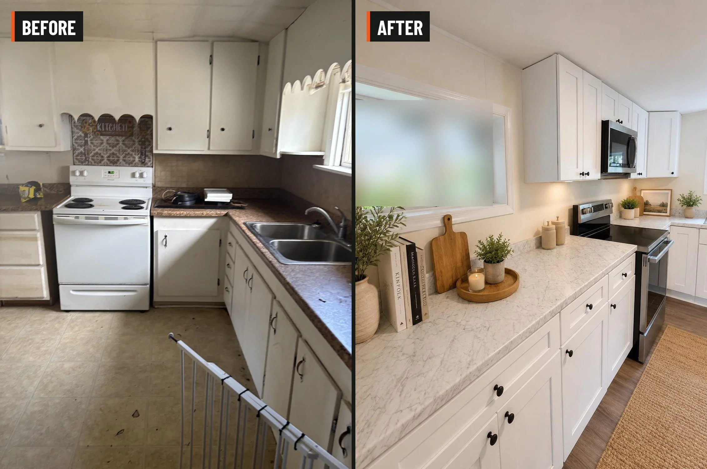 Kitchen remodel: dated cabinets and worn floors replaced with white shaker cabinetry, new countertops and a bright, open layout built for everyday cooking.