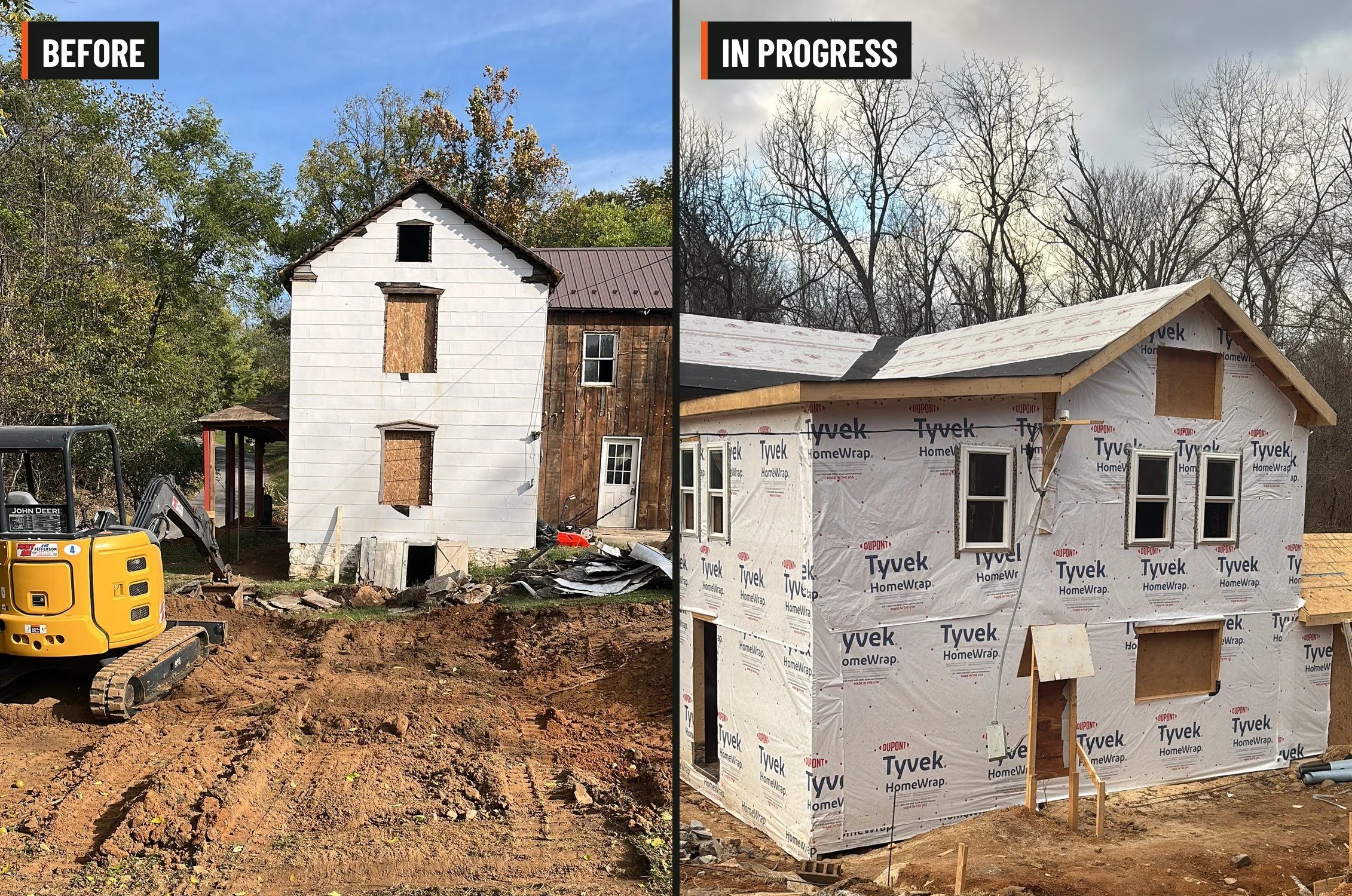 Whole-home remodel: an older farmhouse taken down to the frame and rebuilt with new structure, sheathing and wrap, ready for its next hundred years.
