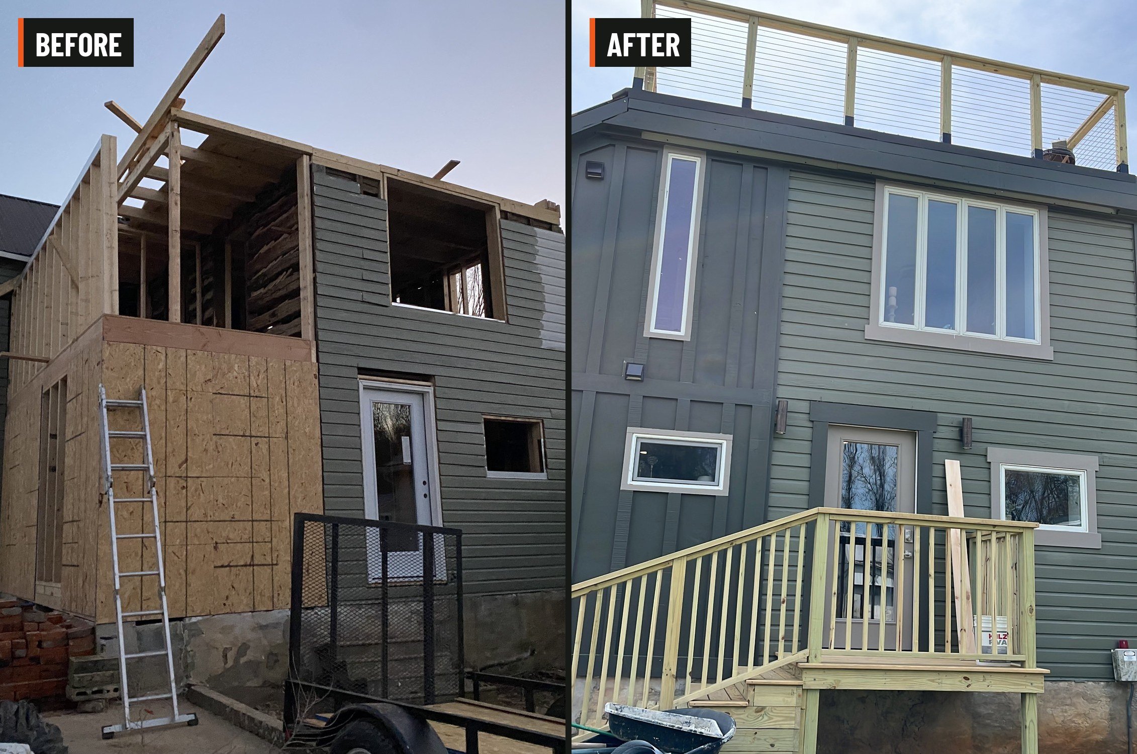 Home addition: from open framing to finished siding and a rooftop deck, adding real living space and a view to match.