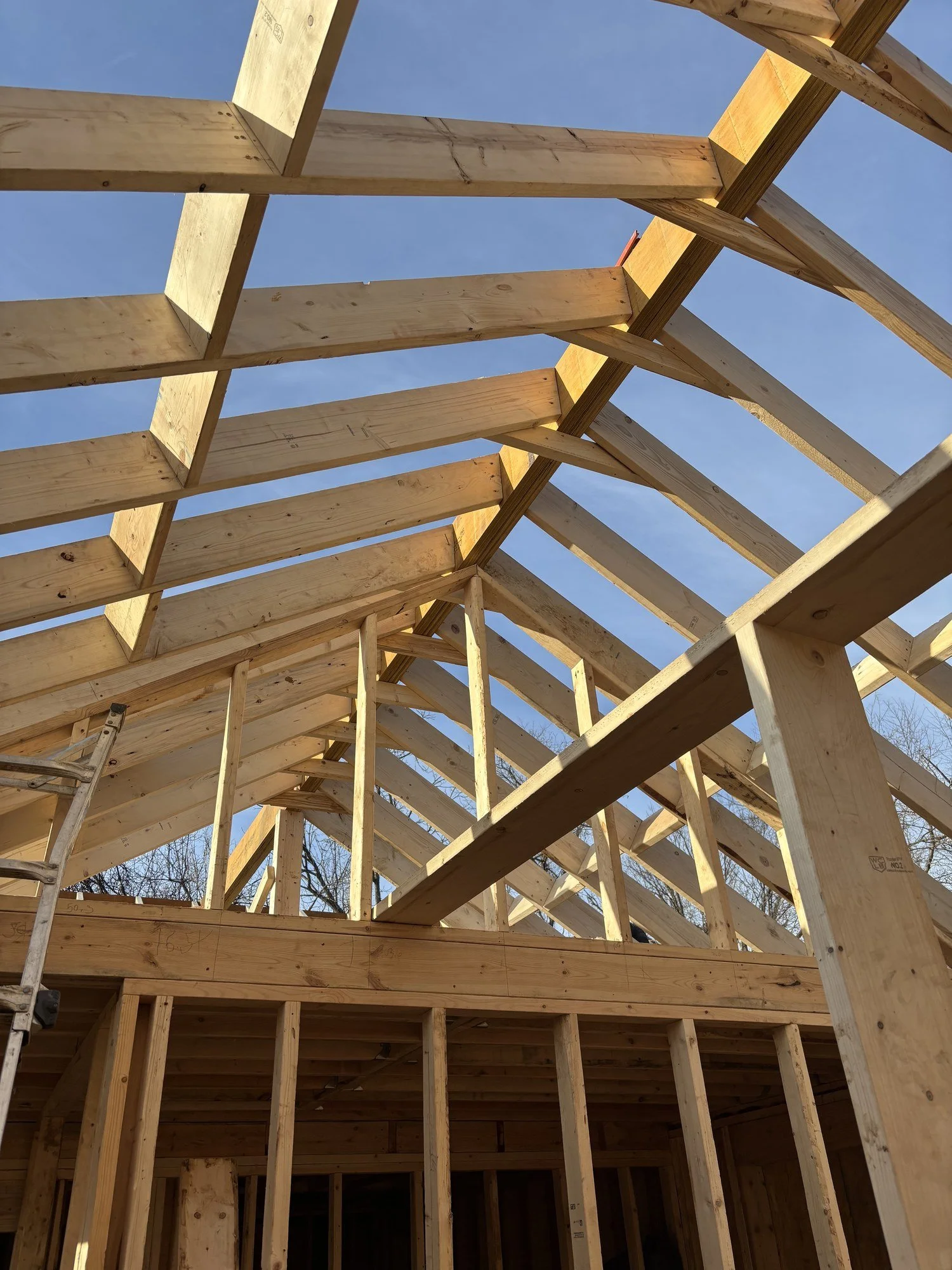 Vaulted rafters framing a tall, open ceiling that will make the finished room feel bright and spacious.