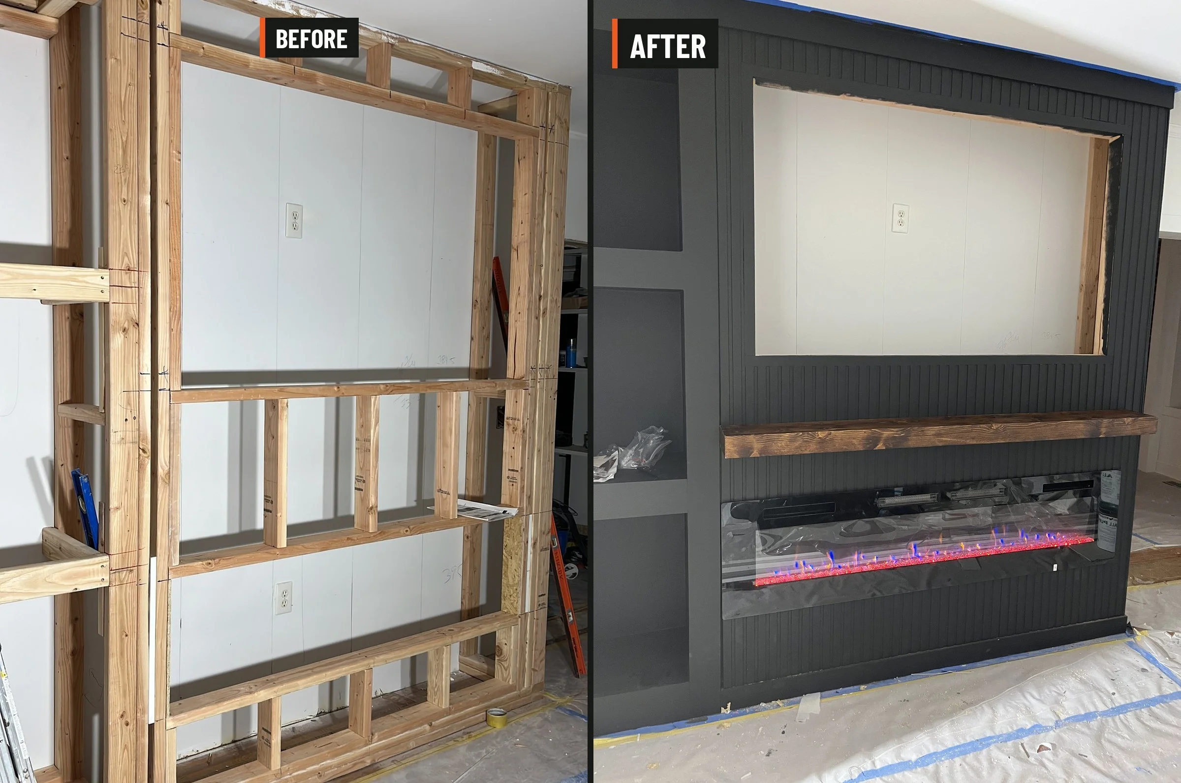 Custom built-in with black beadboard, open shelving, a TV niche, a rustic wood mantel and a linear electric fireplace.