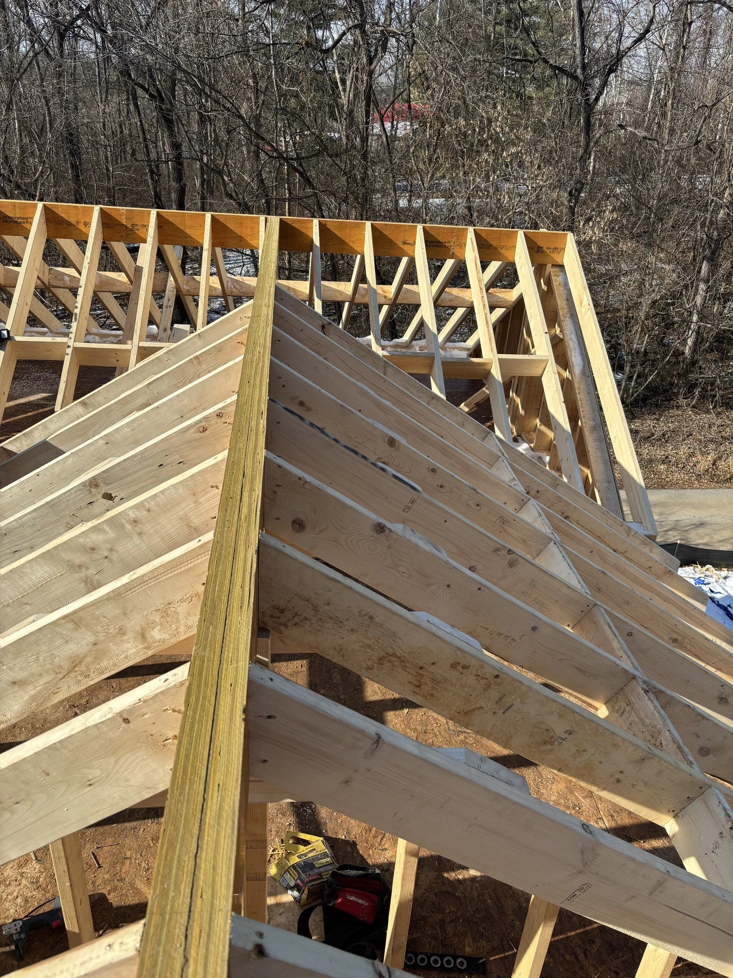 Roof framing on a 2,000 sq ft house, with every rafter set square and true for a solid, long-lasting roof.