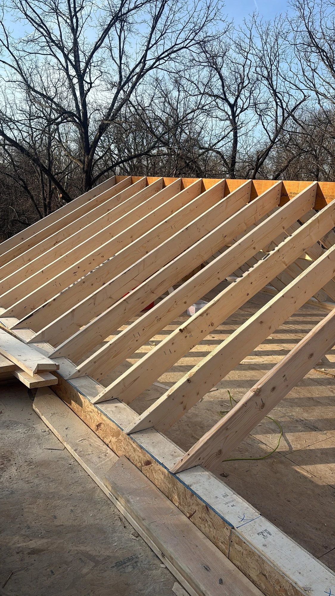 Addition roof rafters going up, the backbone of a new roofline that blends with the existing house.