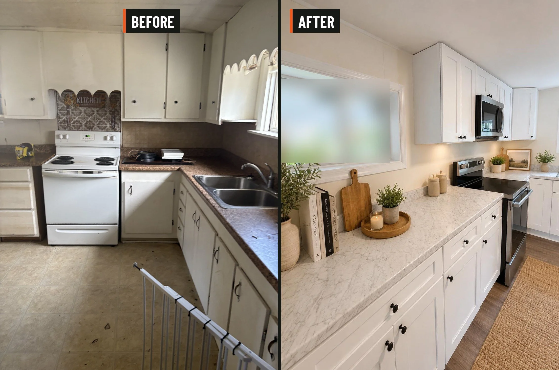 Comparison of a kitchen before and after renovation, showing updated white cabinets, countertops, and decor.