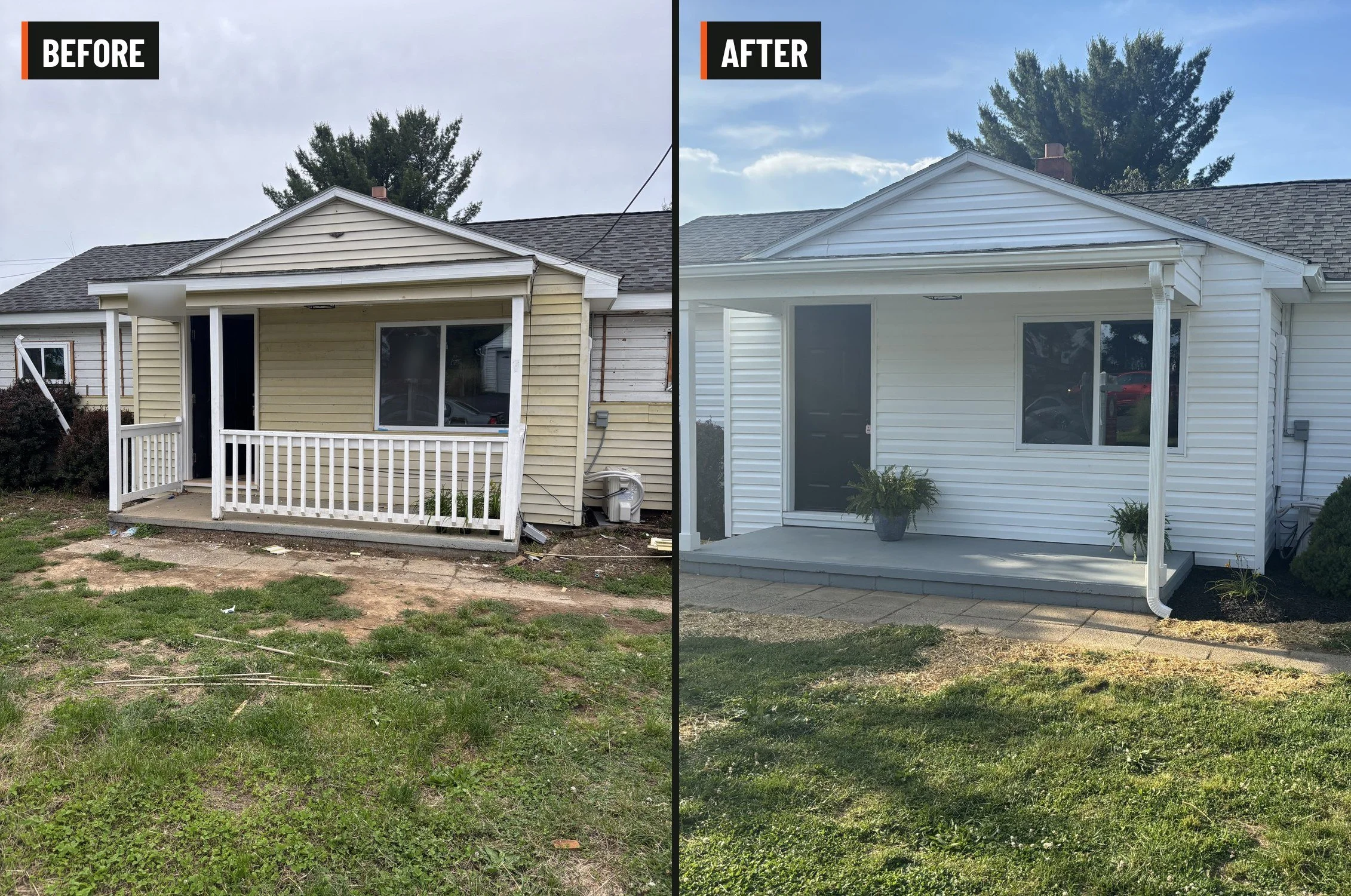 Front porch and siding refresh: tired siding and an aging porch traded for clean new siding, a refreshed entry and a front that finally welcomes you home.