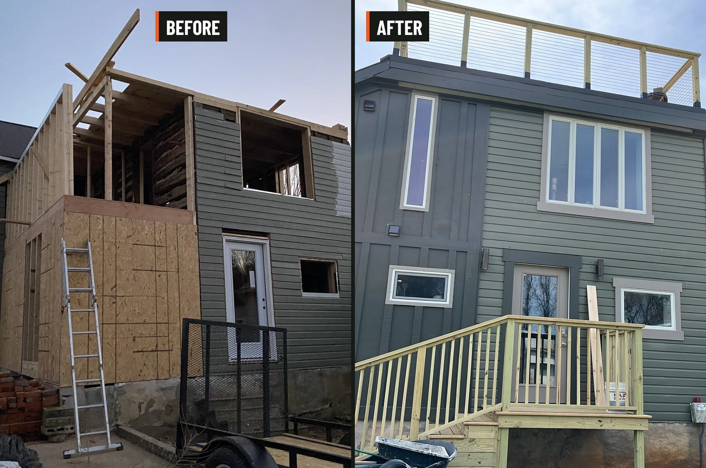 Side-by-side comparison of a house under construction. The left image shows the house framing with exposed wood and no finished siding, while the right image shows the completed house with gray siding, windows, a railing, and a new deck.