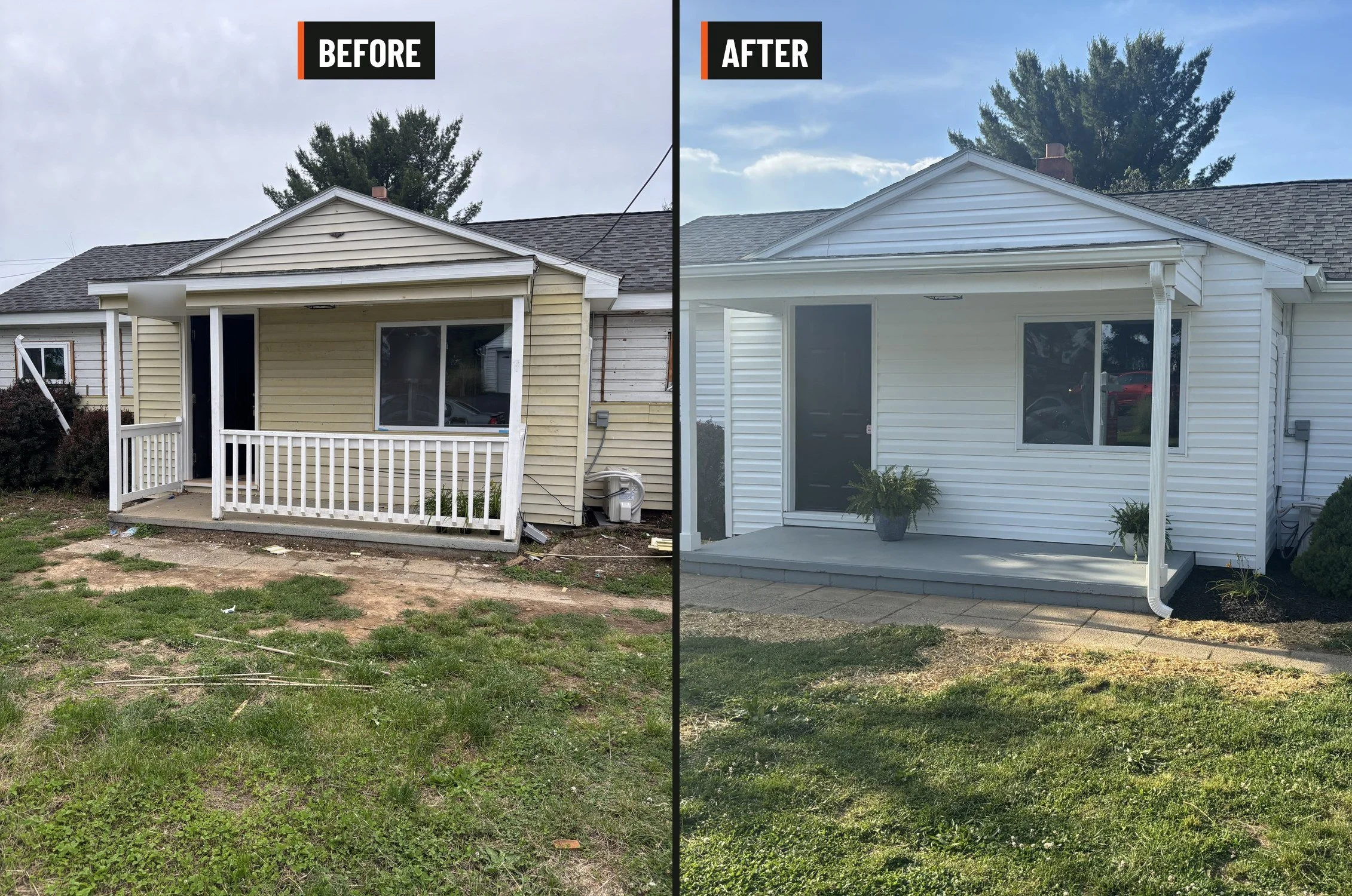 Side-by-side comparison of a house porch area before and after renovation. The 'before' side shows a house with yellow siding, a small porch with white railing, and a cluttered yard with patches of dirt and grass. The 'after' side shows the same porch area with white siding, a clean and expanded porch with a potted plant, and a tidy yard.