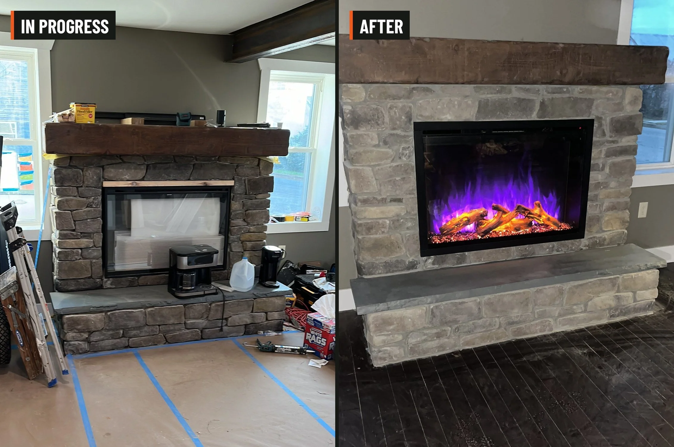 Stone fireplace: a raw work area turned into a full stone surround and hearth, the warm centerpiece of the room.