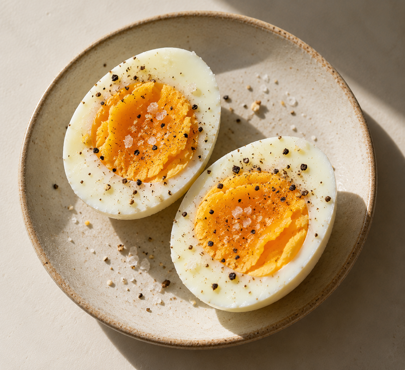 Two pasture-raised hard-boiled eggs