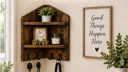 Rustic Farmhouse Corner Shelf with Hooks