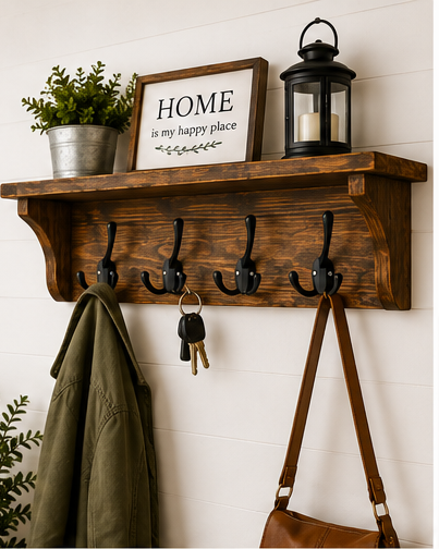 Rustic Farmhouse Coat Rack with Shelf
