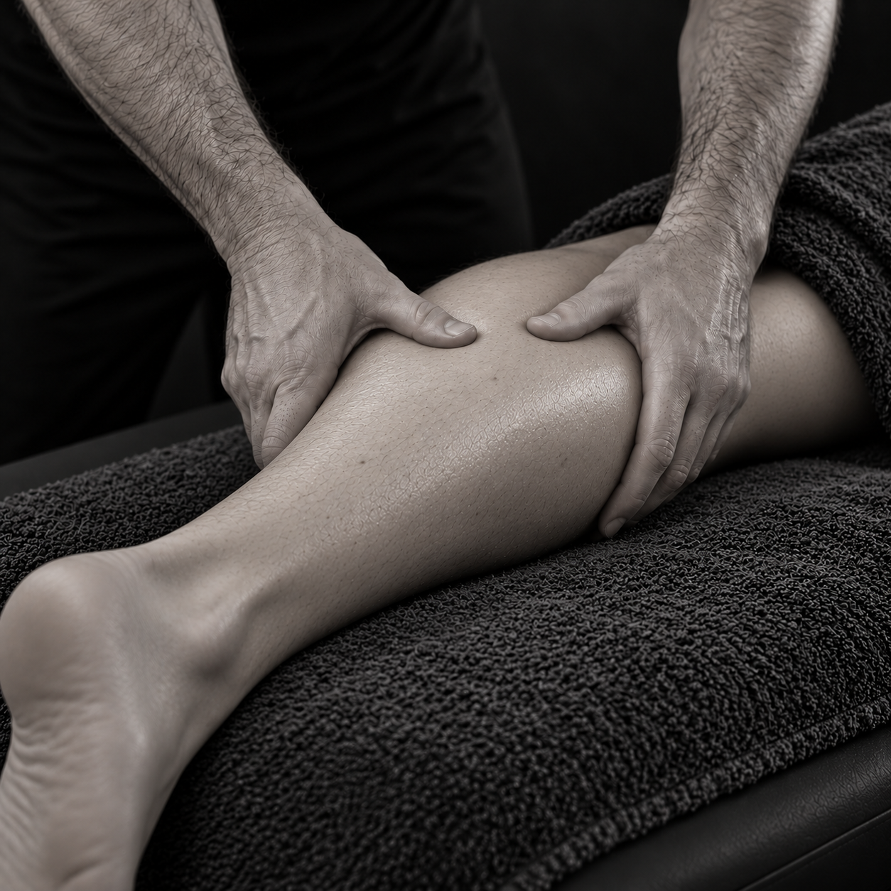 A person giving a massage to another person's leg on a black towel.