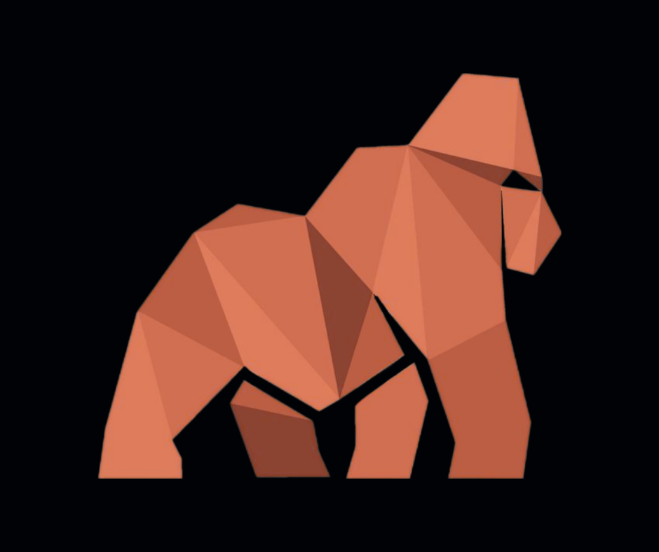 Low-poly illustration of an elephant in shades of brown on a black background.