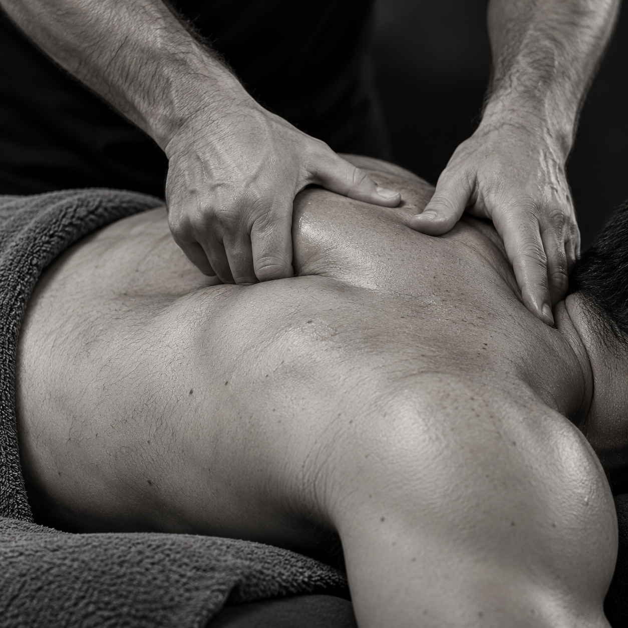 A person receiving a massage focusing on the shoulder area in a monochrome photo.