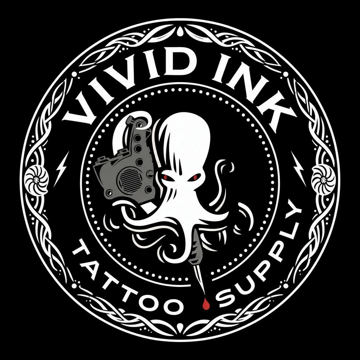 A circular tattoo design featuring an octopus holding a gun in its tentacles and a dripping blood drop from its mouth. The design is surrounded by a decorative border with lightning and shell motifs and the text "VIVID INK TATTOO SHOP UPPLY".
