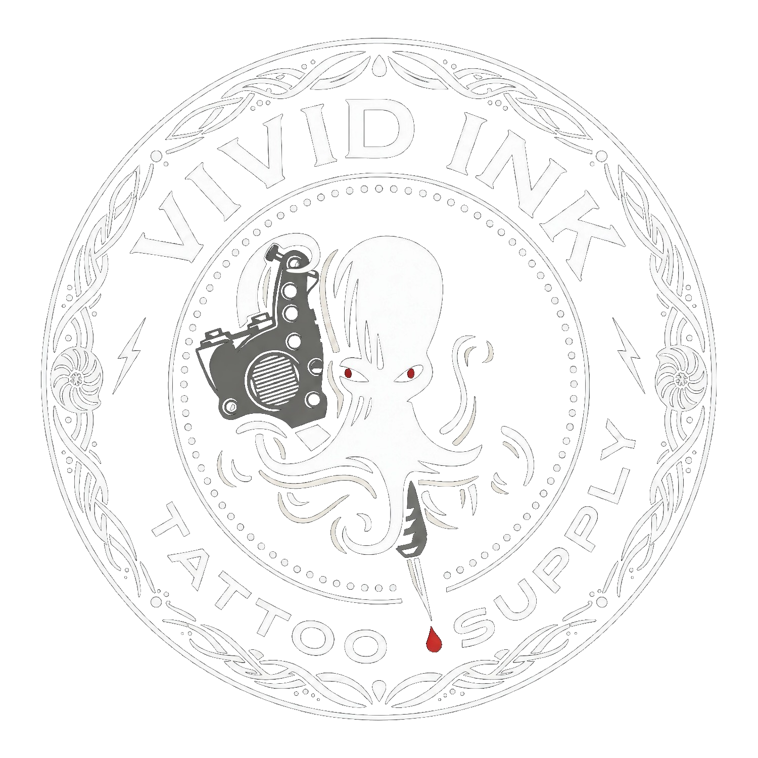A logo featuring an alien holding a gun, surrounded by circular text that reads 'INTL. INK'. The logo is detailed with a decorative border, lightning bolts, and a red and purple background with a red triangle at the bottom right.