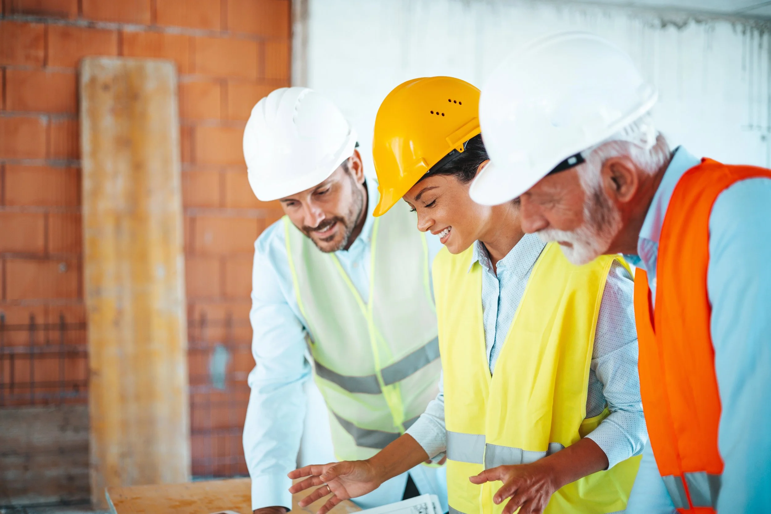 Contractor crew in hard hats reviewing job plans on a construction site