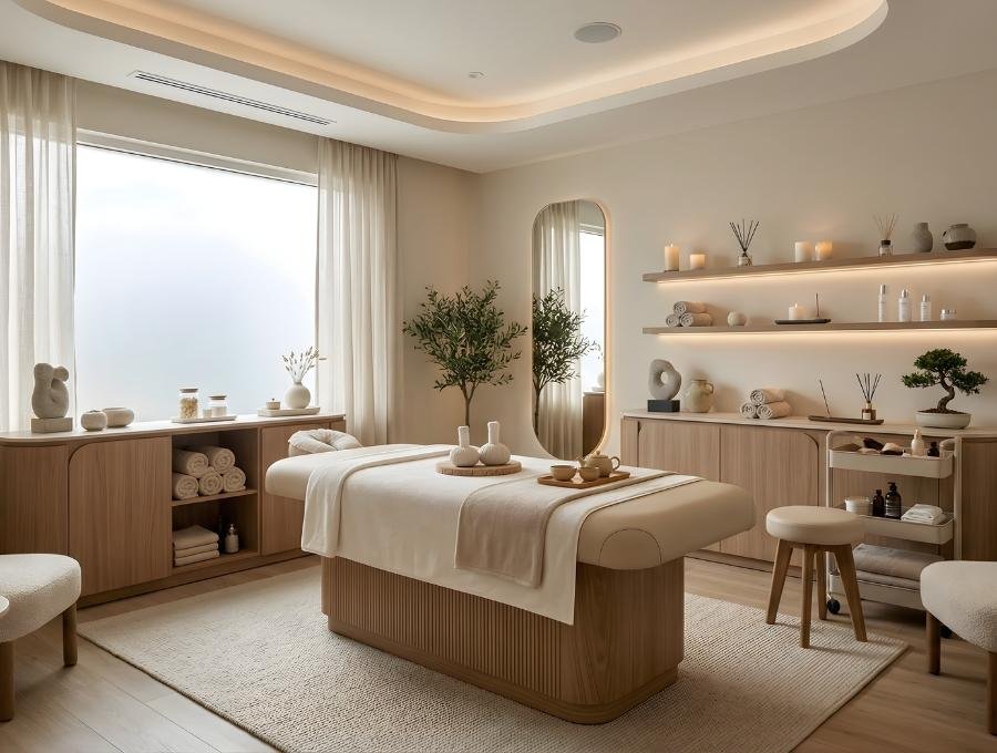 A serene spa treatment room with a massage bed, natural decor, candles, and shelves with relaxing items, bathed in soft natural light.