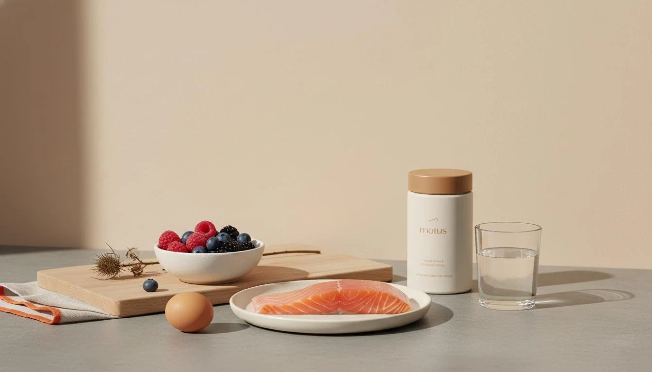 A breakfast setup with a bowl of mixed berries, a plate with raw salmon, a brown egg, a container labeled 'motus,' and a glass of water on a light-colored surface with a neutral background.