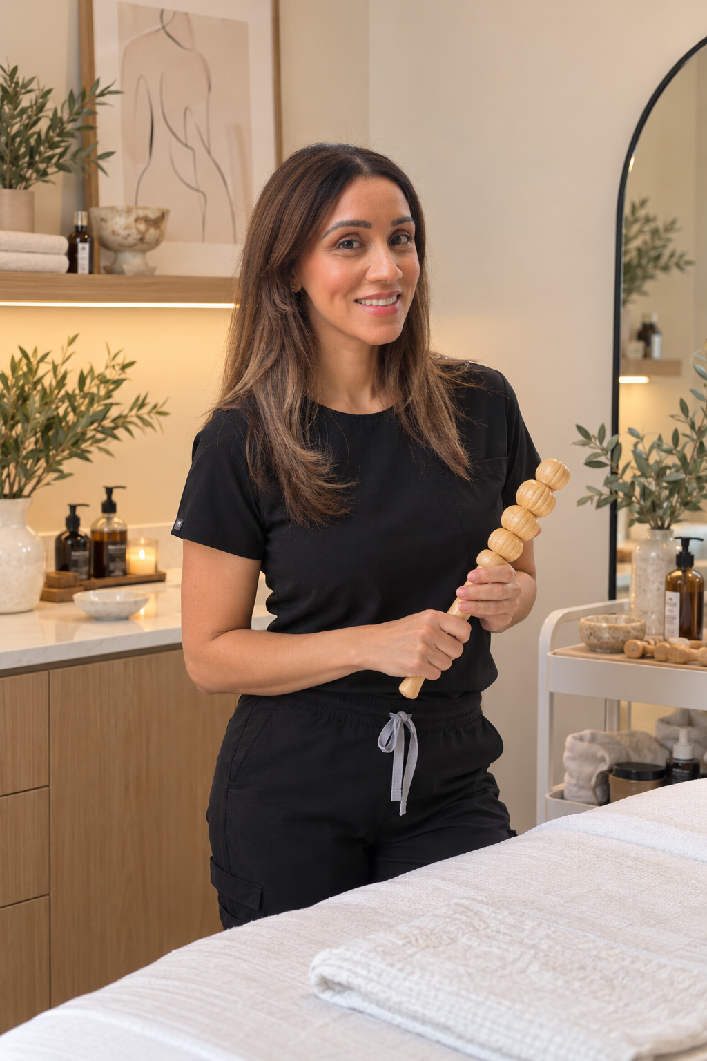 A woman in black scrubs holding a wooden massage tool in a spa or massage room.