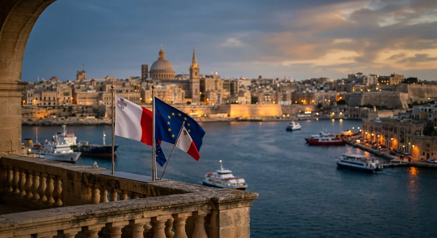 View of a harbor in Valletta, Malta at sunset. Three flags are displayed on a stone balcony overlooking the water: the Maltese flag, the European flag, and a third flag. The waterfront buildings are illuminated, and the dome and spire of a church or cathedral are visible in the background, with a cloudy sky overhead.