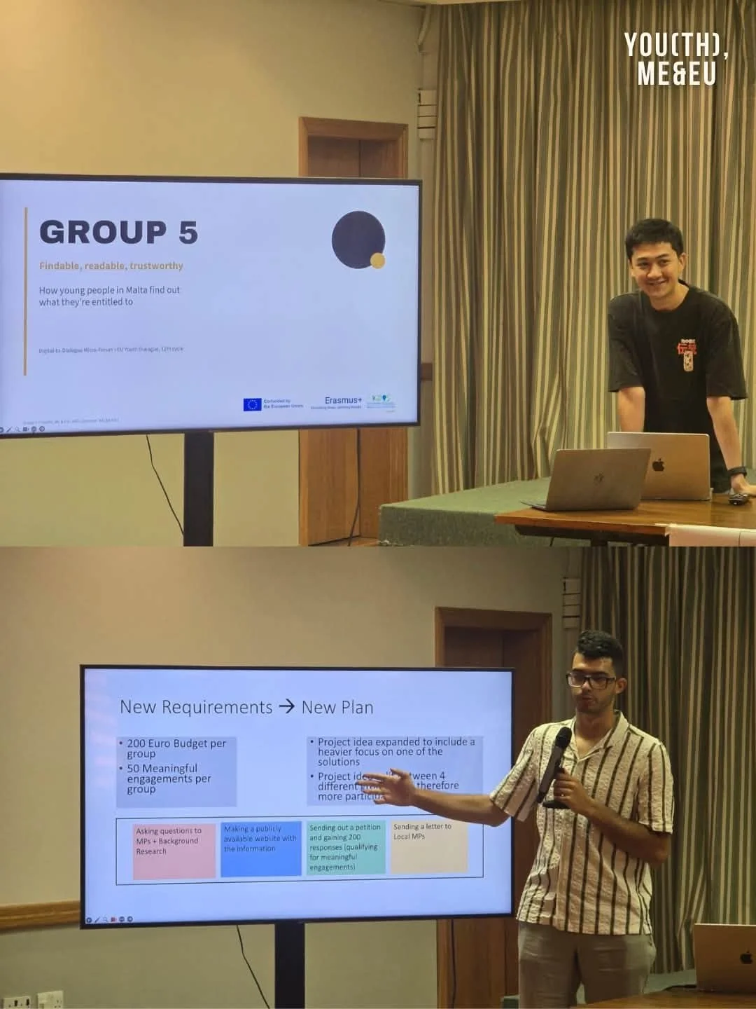 Two men giving presentations at a conference, with slides displayed on large screens. The top slide titled 'Group 5' and the bottom slide titled 'New Requirements -> New Plan'.